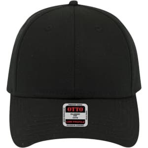 A black 6 panel low profile baseball cap featuring a logo on the front and stitching details.