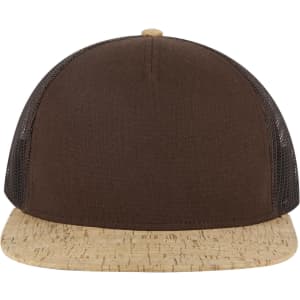 A brown trucker cap with a cork front brim and mesh sides, featuring a logo on the front.