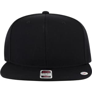 A black 6 panel mid profile snapback cap featuring a flat brim and a logo.