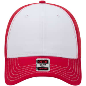 A red and white 6-panel low profile trucker cap with a mesh back and a branding logo on the front.