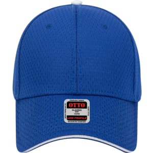 A blue 6 panel low profile baseball cap with a logo at the front, featuring breathable fabric for comfort.