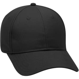 A black 6 panel low profile baseball cap featuring a logo on the front.