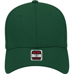 A low-profile baseball cap in dark green with a logo. The design features a textured, breathable fabric.