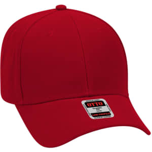 A red six-panel low profile baseball cap with a logo on the front.