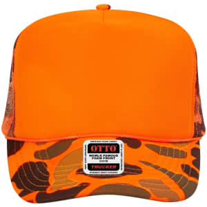 An orange 5 Panel High Crown Trucker Cap with a camo-patterned brim and a logo label on the front.