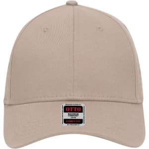 A beige low profile baseball cap with a six-panel design and a logo badge on the front.
