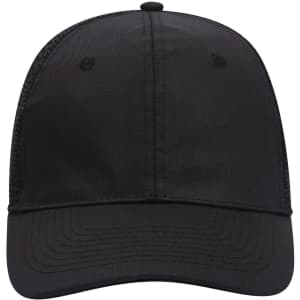 A black 6 panel mid profile trucker cap with a mesh back and a curved brim, featuring a logo.