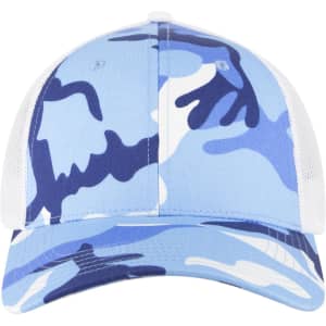 A blue camouflage low profile trucker cap with a white mesh back and a curved brim.