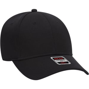 A black 6 panel low profile baseball cap with a logo on the front.