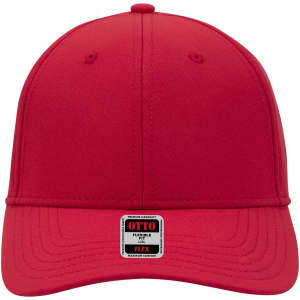 A red six-panel low-profile baseball cap with a flexible fit and a logo on the front.
