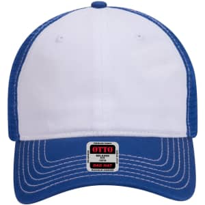 A blue and white 6 panel low profile trucker dad cap with a logo on the front.