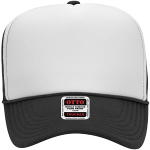 A 5 panel high crown trucker cap featuring a white front and a black mesh back, with a logo on the front.