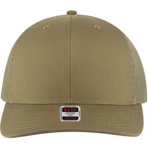 A mid-profile trucker cap in a khaki colour with a mesh back and a logo on the front.