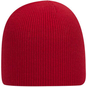 A red knitted beanie with a classic ribbed design and no visible logos.