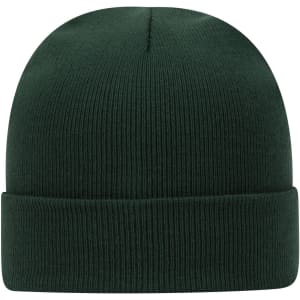 A classic dark green knit beanie with a folded cuff and textured ribbing. It features a simple logo.