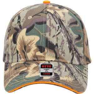 A camo-patterned 6 panel low profile baseball cap featuring various earthy colours and a label on the front.