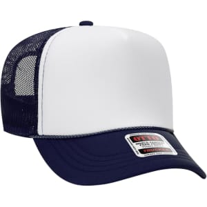 A navy and white five-panel high crown trucker cap featuring a mesh back and a logo patch.