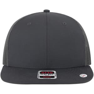 A grey 6 panel mid profile trucker cap with a grey undervisor and a branded label on the front.