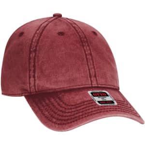 A maroon 6 Panel Low Profile Dad Cap featuring a logo on the front and a curved brim.