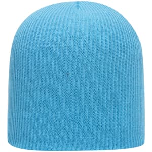 A blue premium rib knit beanie with a snug fit and textured pattern, featuring a logo on the interior.