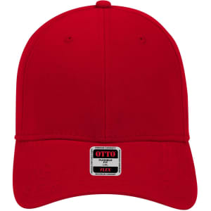 A red 6-panel low profile baseball cap with a flexible fit and a logo on the front.