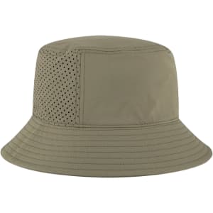 An olive green bucket hat with a textured panel and mesh details. Plain design with a wide brim.