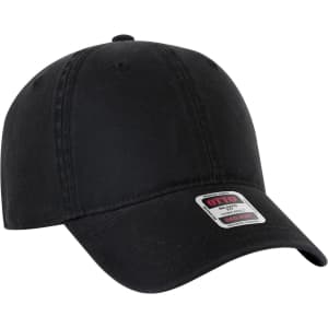 A black 6 panel low profile dad cap featuring a logo on the front. Ideal for casual wear.