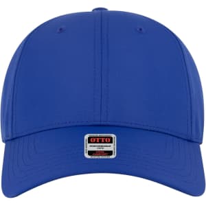 A blue 6 panel low profile style baseball cap with a logo on the front.