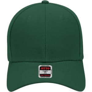 A green 6 panel low profile baseball cap with a logo on the front.