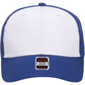 A low-profile trucker cap in white and blue with a mesh back and a logo on the front.