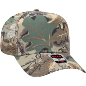 A camo 5 panel mid crown trucker cap featuring a mix of green and brown leaf patterns with a mesh back and logo.