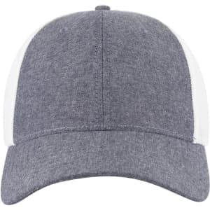 A grey and white six-panel low profile baseball cap with a curved brim and a logo on the front.