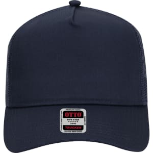A navy blue 5 panel mid profile trucker cap featuring a mesh back and a branded label on the front.