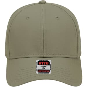 A low profile baseball cap in a khaki colour with a front panel and a branding label.