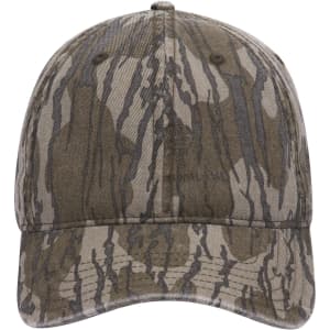A camouflage 6 panel low profile baseball cap in earthy tones with a logo on the front.