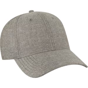 A grey 6 panel low profile baseball cap with a logo, featuring a rounded crown and a curved peak.