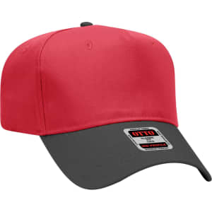 A red and grey 5 Panel Mid Crown Baseball Cap featuring a branded label.