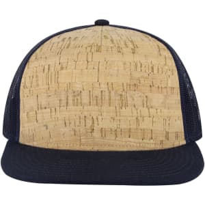 A 5 Panel Pro Style Trucker Cap featuring a cork-like front and navy mesh sides and visor. The cap has a logo on it.