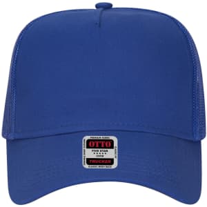 A blue 5 panel low profile trucker cap with a mesh back and a logo on the front.
