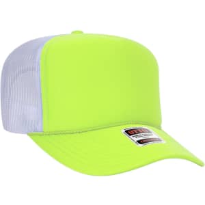 A high-visibility lime green trucker cap with a mesh back and a branded label on the front.