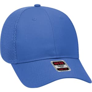 A blue low profile baseball cap with a breathable mesh back and a logo tag on the front.