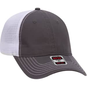 A grey and white 6 panel low profile trucker dad cap with a mesh back and a logo on the front.
