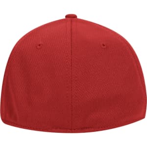 A red 6 panel low profile baseball cap featuring a breathable mesh design and a smooth finish at the back.