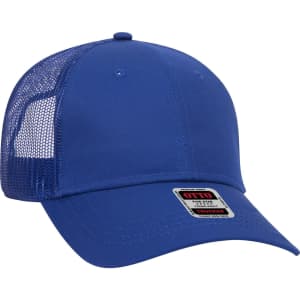 A blue low profile trucker cap with mesh panels and a logo on the front. Ideal for youth headwear.