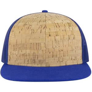 A trucker cap featuring a cork front with blue mesh sides and a blue visor. Includes a logo on the front.