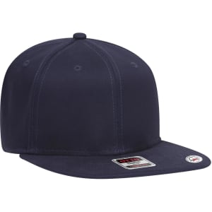 A navy blue 6 panel mid profile snapback cap featuring a structured design and a logo detail.