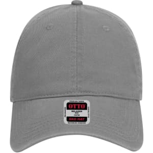 A grey 6-panel low profile dad cap with a logo on the front, featuring a relaxed fit and premium fabric.