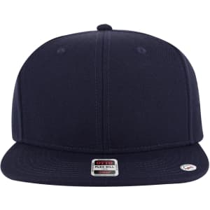 A navy blue 6 panel mid-profile snapback cap with a flat brim and a logo on the front.