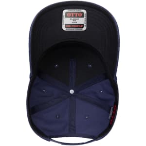 An inside view of a navy blue 5-panel mid profile baseball cap, featuring a brand label and button details.