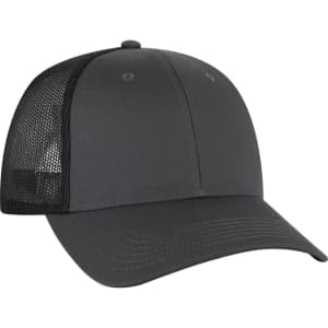 A low profile trucker cap in black with mesh sides and a structured crown. Features a logo on the front.